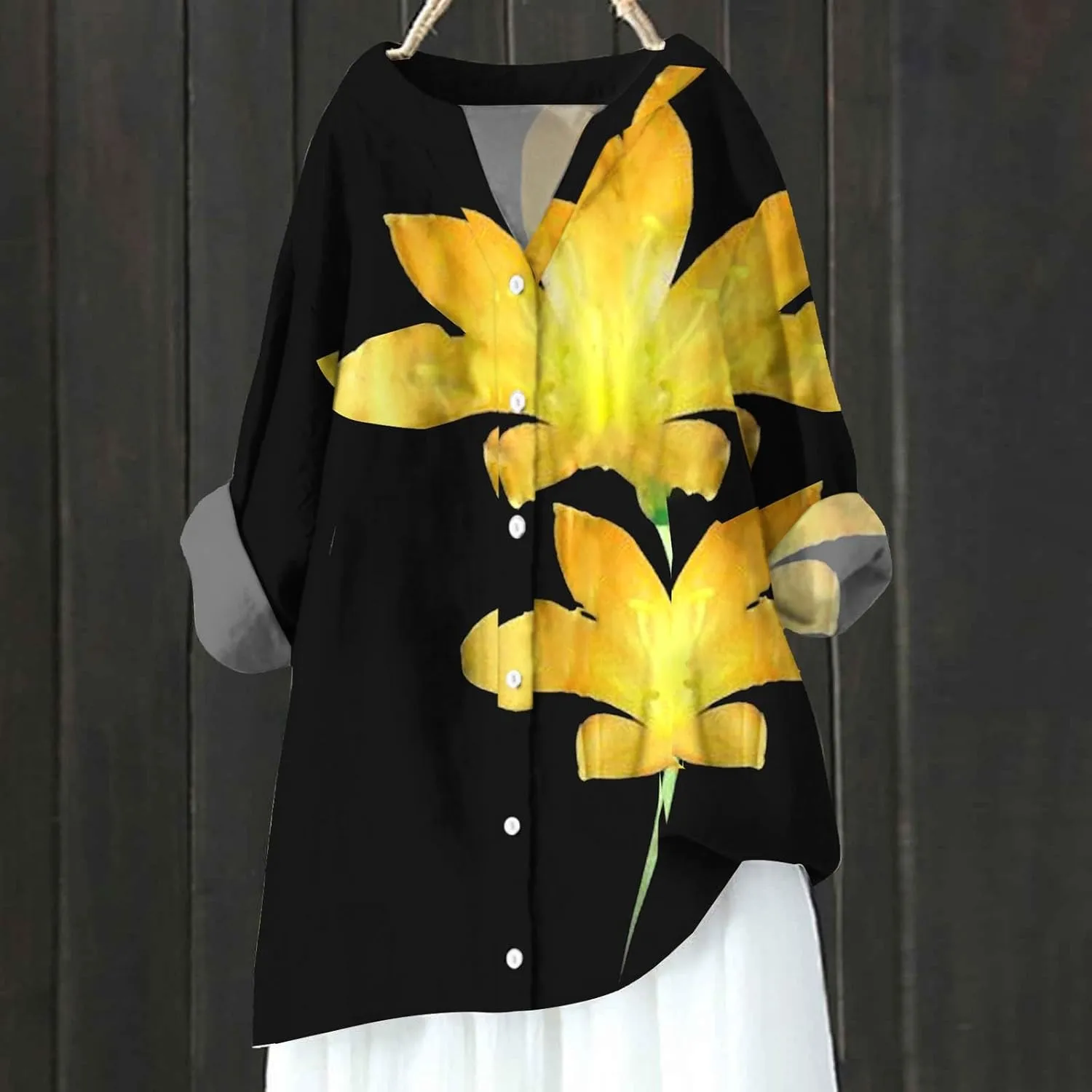 Womens Linen Button Down Shirt Long Sleeve Printed Shirt Womens Linen Shirt Linen Top Womens