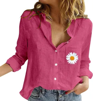 Womens Linen Button Down Shirt Long Sleeve Printed Shirt Womens Linen Shirt Linen Top Womens