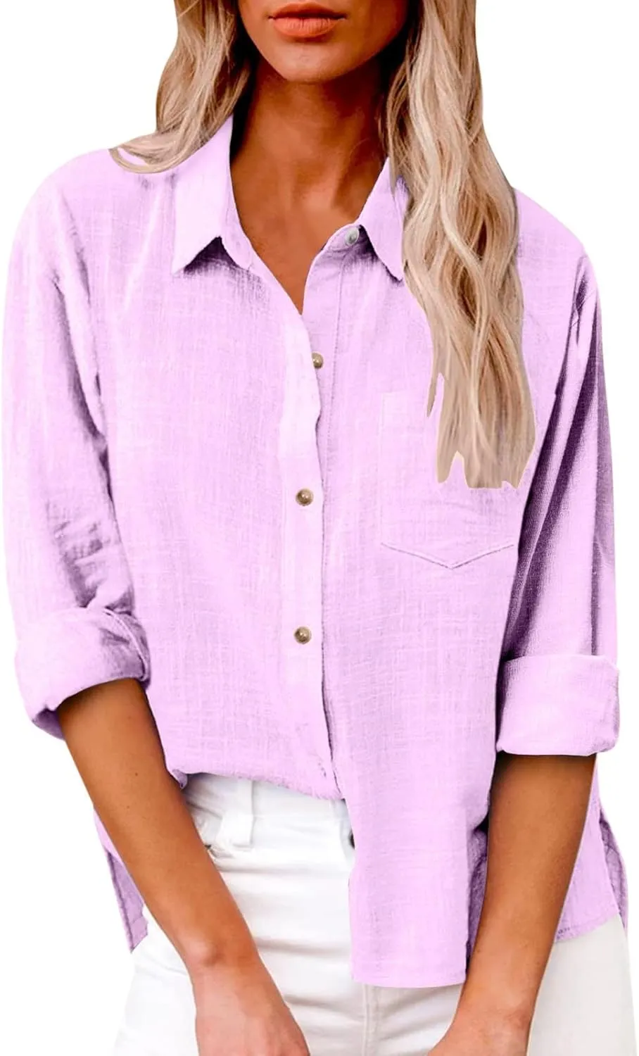 Womens Linen Button Down Shirts Spring Casual Long Sleeve Solid Color Shirts Loose Summer Cute Tees Outfits Blouse