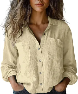 Womens Linen Button Down Shirts Spring Casual Long Sleeve Solid Color Shirts Loose Summer Cute Tees Outfits Blouse