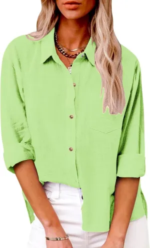 Womens Linen Button Down Shirts Spring Casual Long Sleeve Solid Color Shirts Loose Summer Cute Tees Outfits Blouse