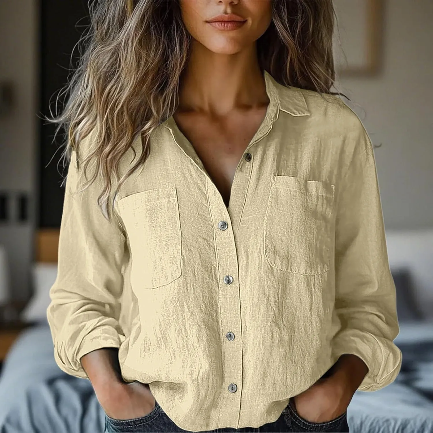 Womens Linen Button Down Shirts Spring Casual Long Sleeve Solid Color Shirts Loose Summer Cute Tees Outfits Blouse