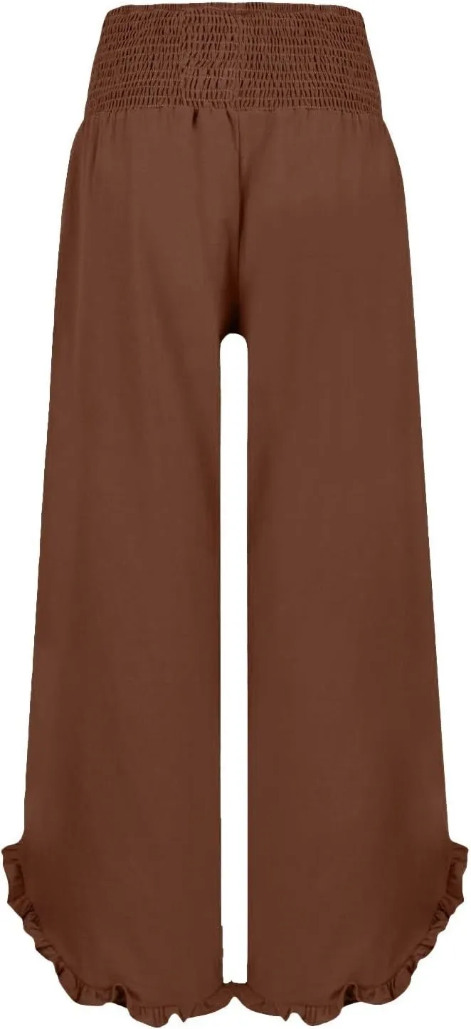 Women's Linen Pants 2025 Summer Smocked Waist Ruffle Pants Boho Casual Loose Beach Trousers