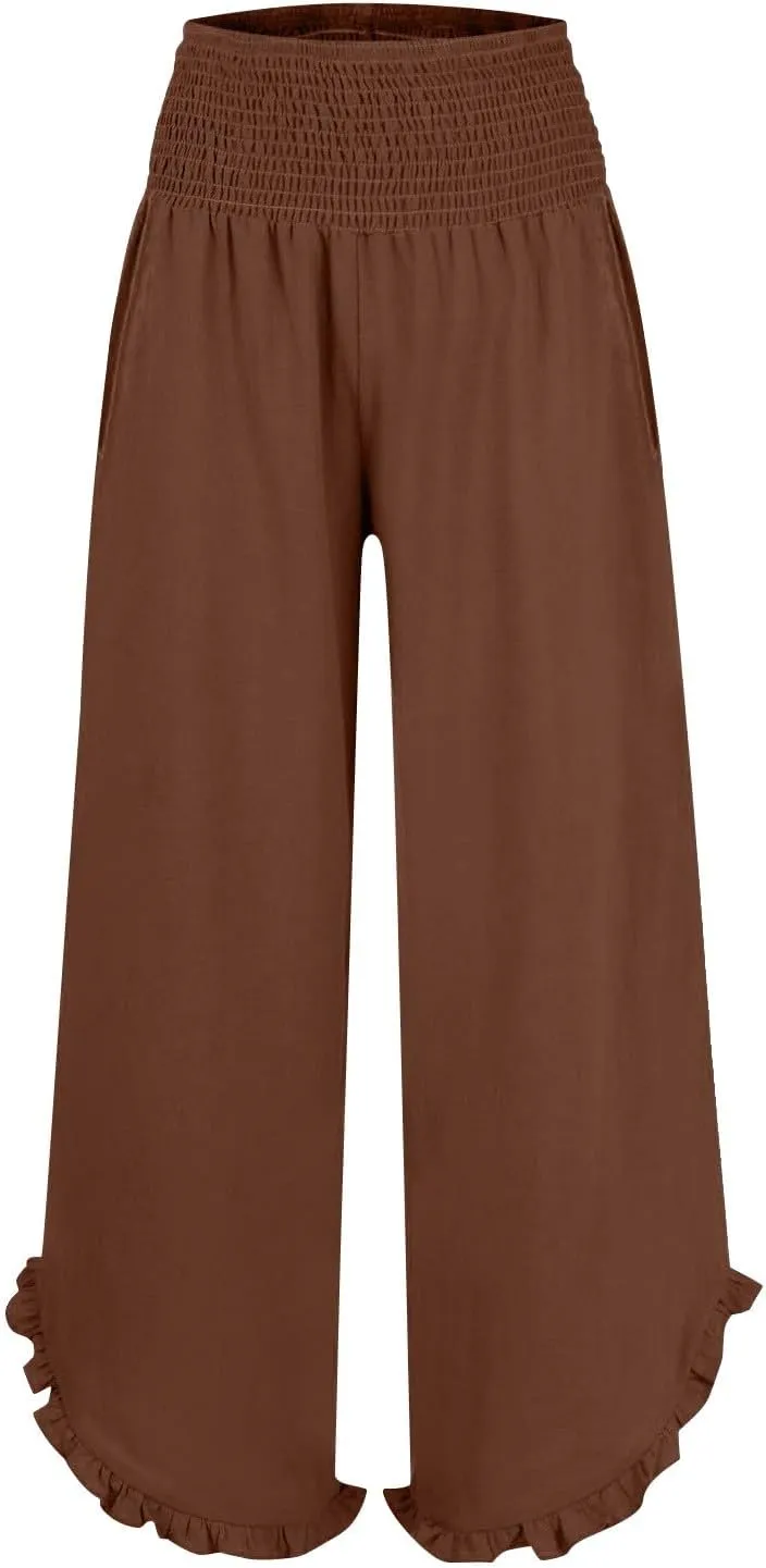 Women's Linen Pants 2025 Summer Smocked Waist Ruffle Pants Boho Casual Loose Beach Trousers