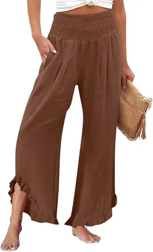 Women's Linen Pants 2025 Summer Smocked Waist Ruffle Pants Boho Casual Loose Beach Trousers