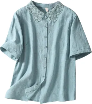 Women's Linen Shirt Short Sleeve Business Blouse V Neck Loose Soft Tops 2025 Summer Casual Trendy T-Shirts