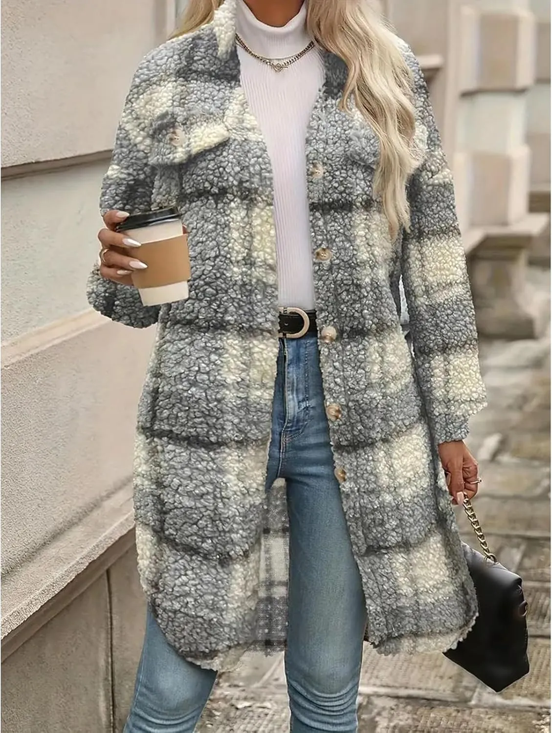 Women's Long Flannel Plaid Jacket Shacket Lightweight Button Down Fuzzy Fleece Shirts Trendy Sherpa Trench Coat
