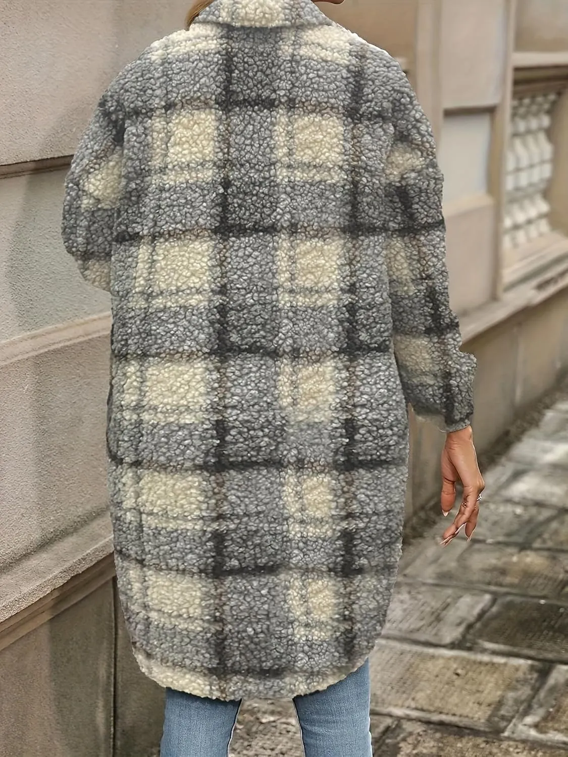 Women's Long Flannel Plaid Jacket Shacket Lightweight Button Down Fuzzy Fleece Shirts Trendy Sherpa Trench Coat