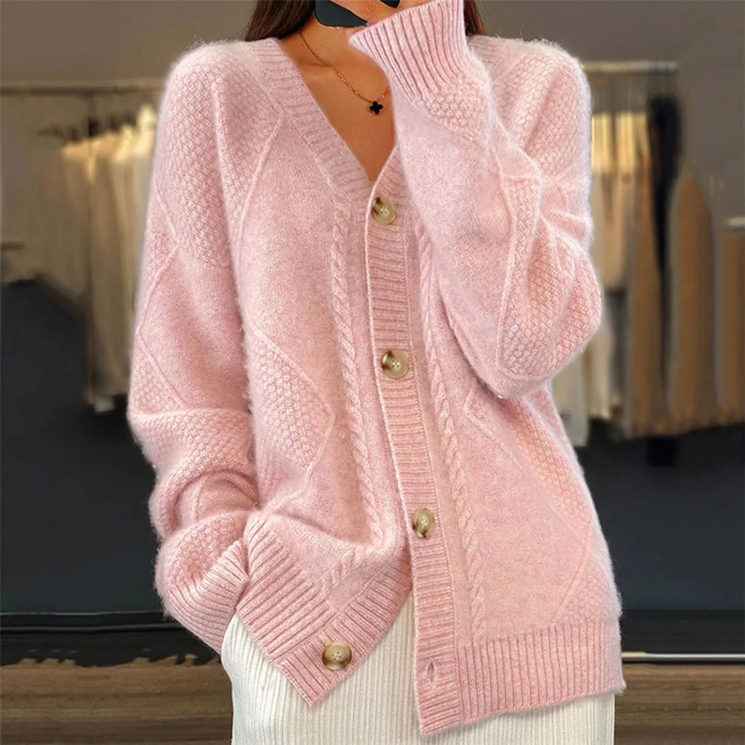 Women's Long Sleeve Cable Knit Sweater Open Front Cardigan Button Loose Outerwear Chunky Winter Solid Outerwear Coats