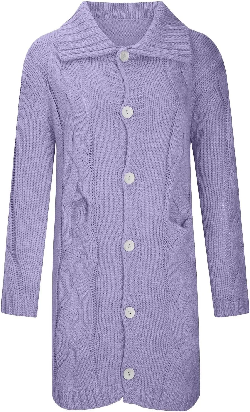 Womens Long Sweater Coats Open Front Button Cardigan Fall Winter Outerwear Long Sleeve Chunky Knit Sweaters