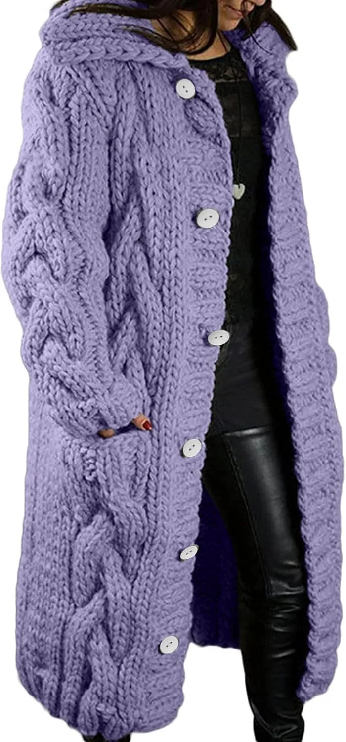 Womens Long Sweater Coats Open Front Button Cardigan Fall Winter Outerwear Long Sleeve Chunky Knit Sweaters