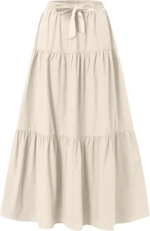 Womens Maxi Skirt Daily Casual Elegant Solid Color Flowy Swing Long A Skirt Vintage Elastic Waist Skirts