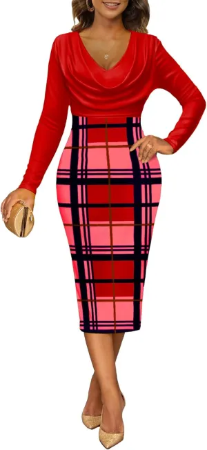 Women's Midi Bodycon Dress Long Sleeve Drape Cowl Neck Ruched Club Office Cocktail Party Work Pencil Dresses