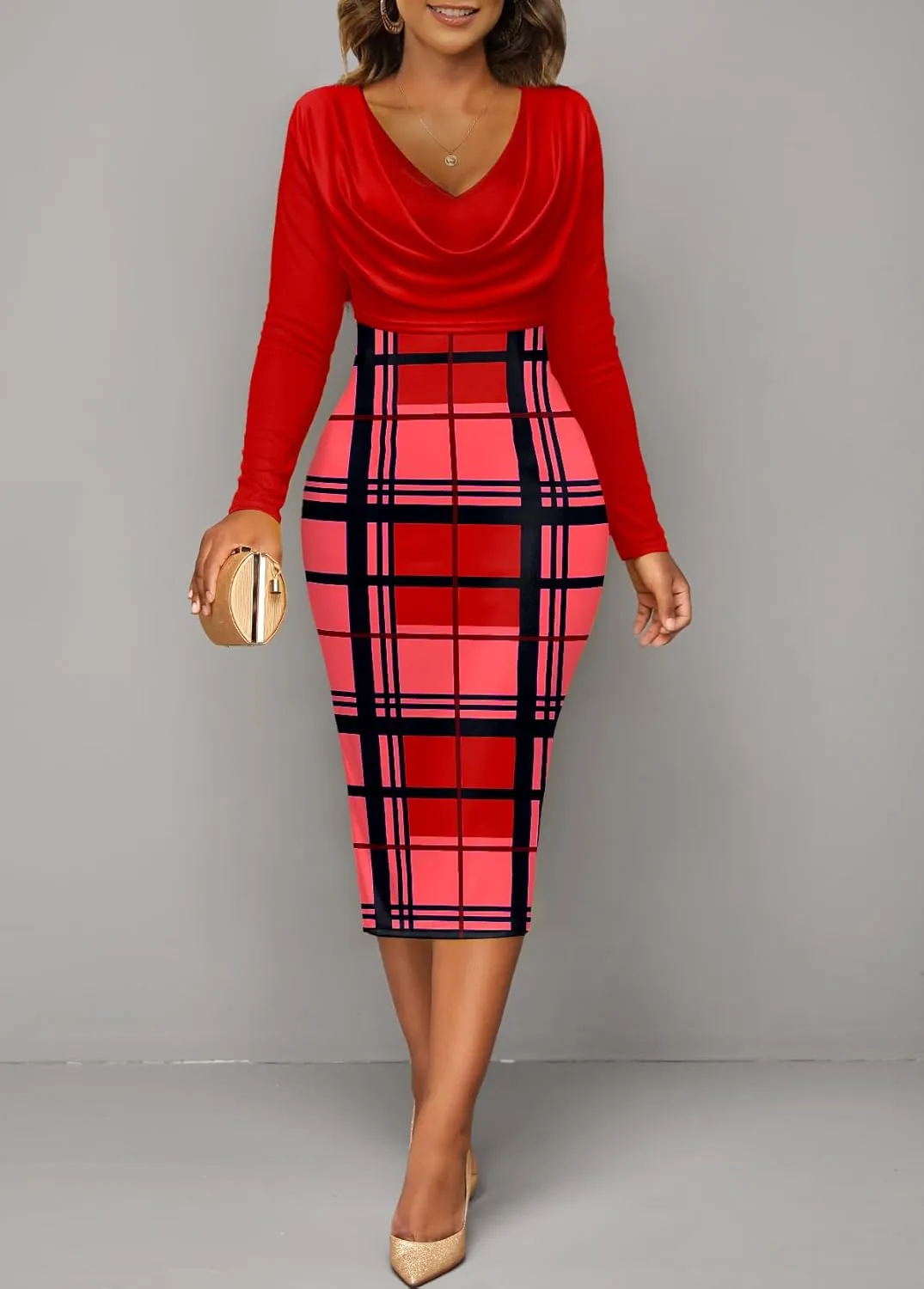 Women's Midi Bodycon Dress Long Sleeve Drape Cowl Neck Ruched Club Office Cocktail Party Work Pencil Dresses