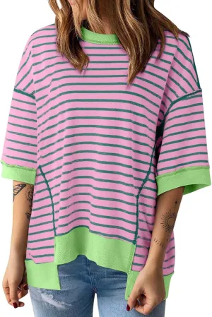 Women's Oversized Striped Short Sleeve T-Shirt High Low Hem Color Block Y2K Casual Summer Tee for Women 2025