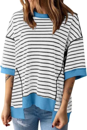 Women's Oversized Striped Short Sleeve T-Shirt High Low Hem Color Block Y2K Casual Summer Tee for Women 2025