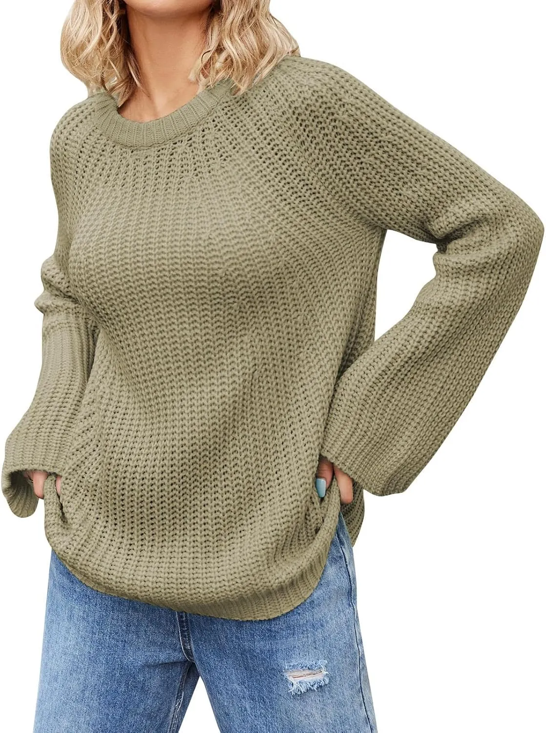 Womens Oversized Sweaters Long Lantern Sleeve Crew Neck 2024 Fall Trendy Ribbed Knit Pullover Sweater Casual Tops