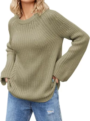 Womens Oversized Sweaters Long Lantern Sleeve Crew Neck 2024 Fall Trendy Ribbed Knit Pullover Sweater Casual Tops