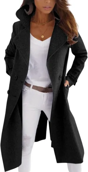 Womens Pea Coat Double Breasted Long Trench Coat Notch Lapel Long Sleeve Jacket Winter Wool Blend Pea Coat