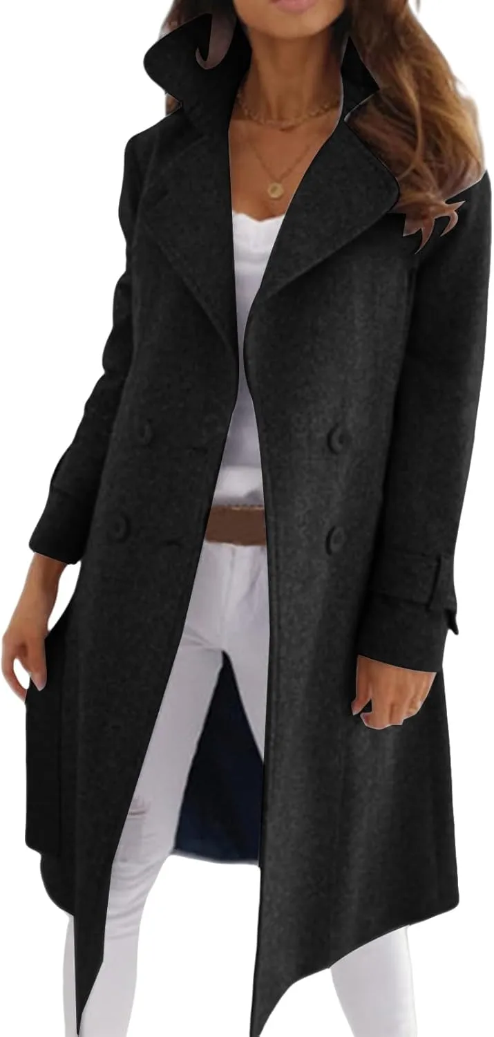 Womens Pea Coat Double Breasted Long Trench Coat Notch Lapel Long Sleeve Jacket Winter Wool Blend Pea Coat