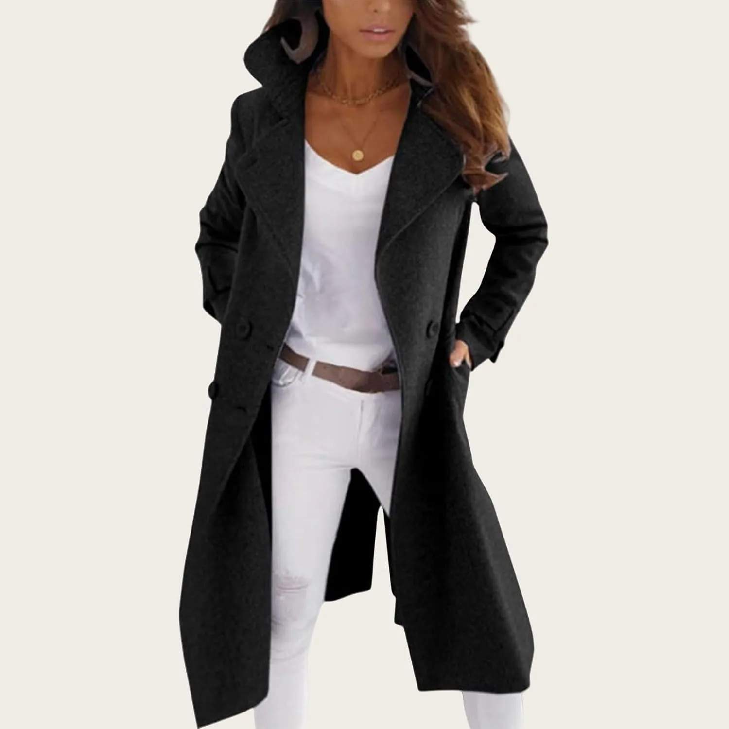 Womens Pea Coat Double Breasted Long Trench Coat Notch Lapel Long Sleeve Jacket Winter Wool Blend Pea Coat