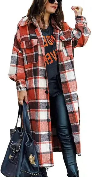 Women's Plaid Shacket Jacket Long Sleeve Flannel Long Shirt Coat Lapel Button Up Lounge Tartan Outerwear with Pockets