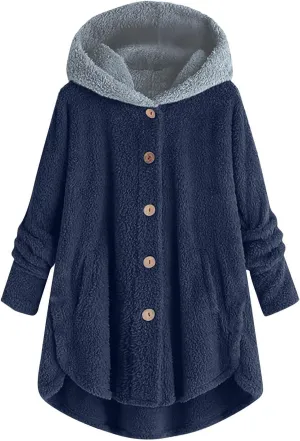 Women's Plus Size Button Plush Jackets Fashion Winter Coats for Women Tops Hooded Loose Cardigan Warm Wool Jacket