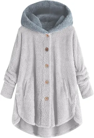 Women's Plus Size Button Plush Jackets Fashion Winter Coats for Women Tops Hooded Loose Cardigan Warm Wool Jacket