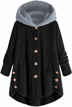 Women's Plus Size Button Plush Jackets Fashion Winter Coats for Women Tops Hooded Loose Cardigan Warm Wool Jacket