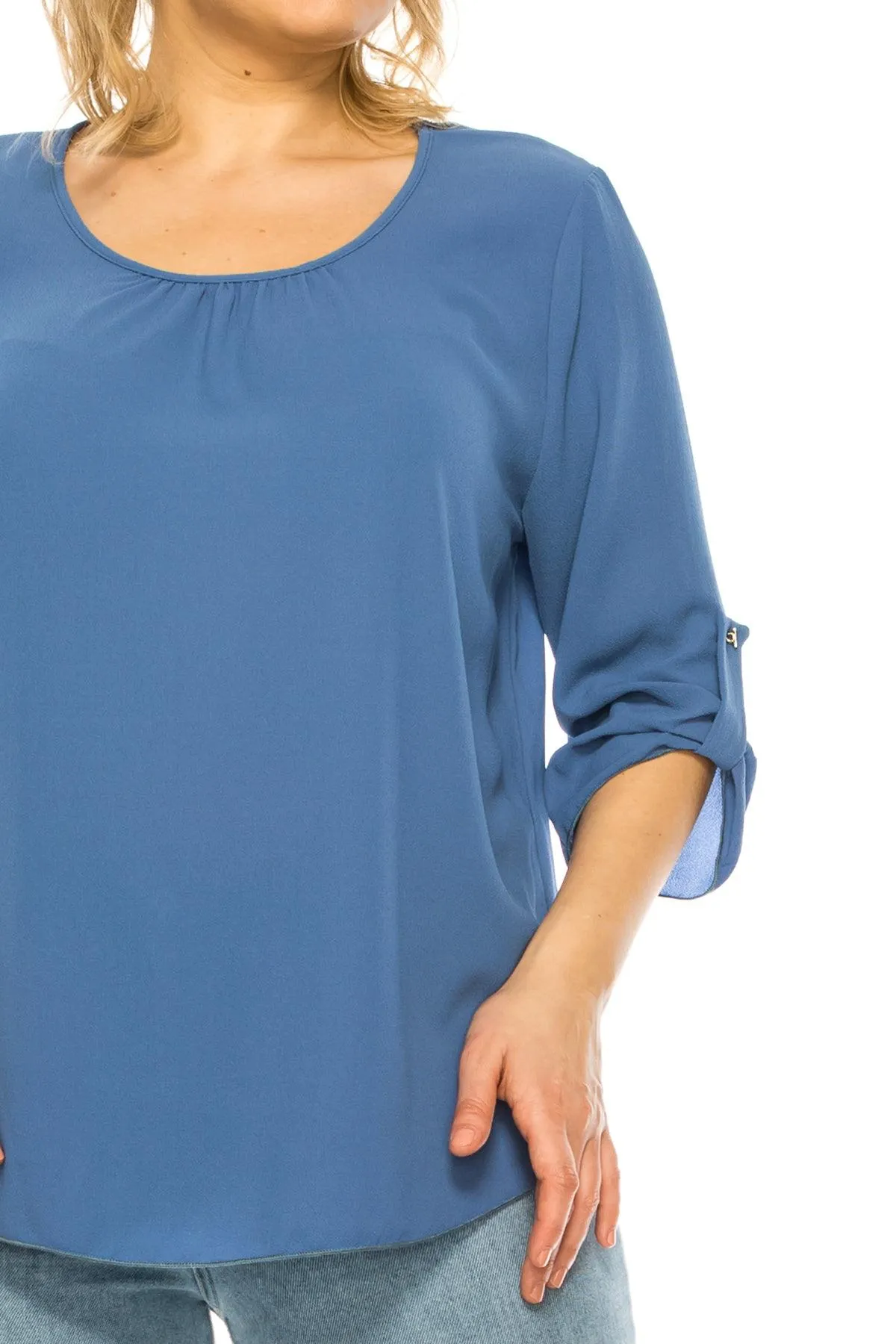 Women's Plus Size Casual Round Neck Loose Fit Roll Tab 3/4 Sleeve Blouse