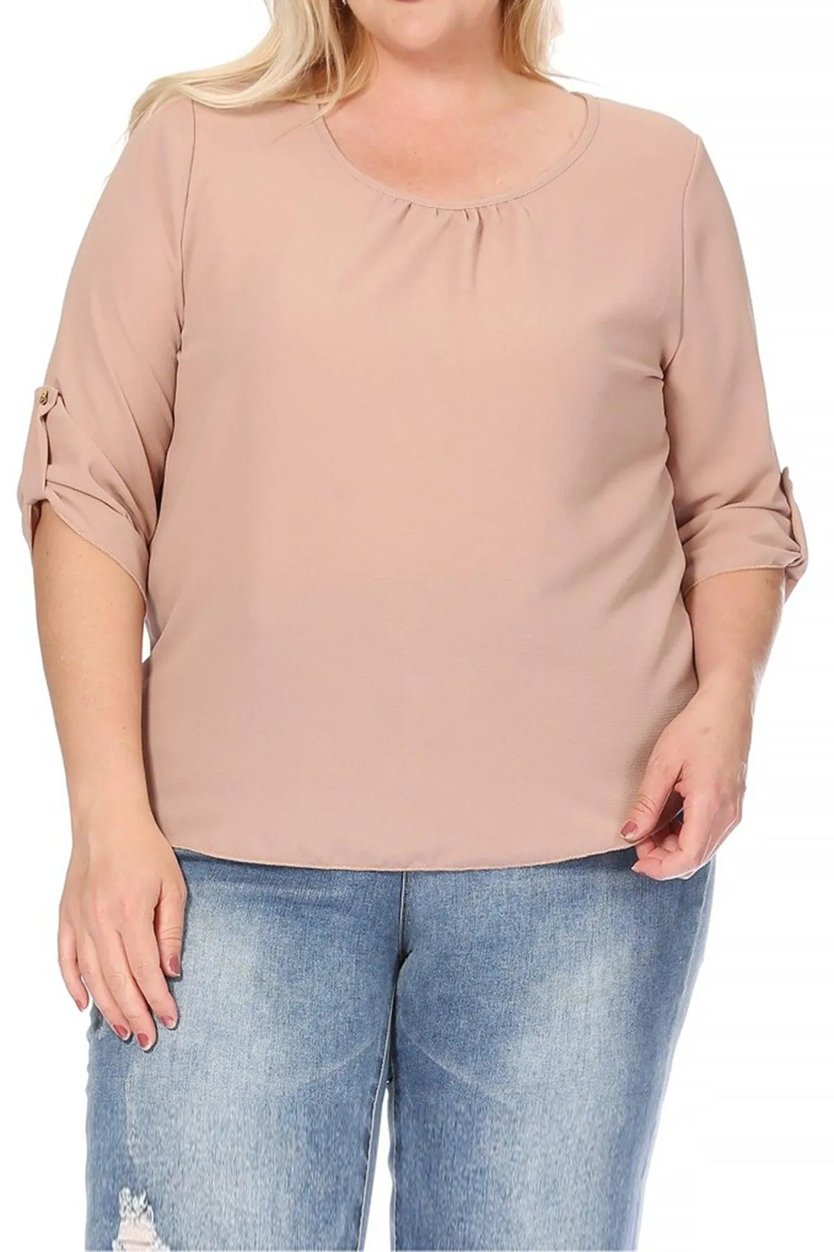 Women's Plus Size Casual Round Neck Loose Fit Roll Tab 3/4 Sleeve Blouse