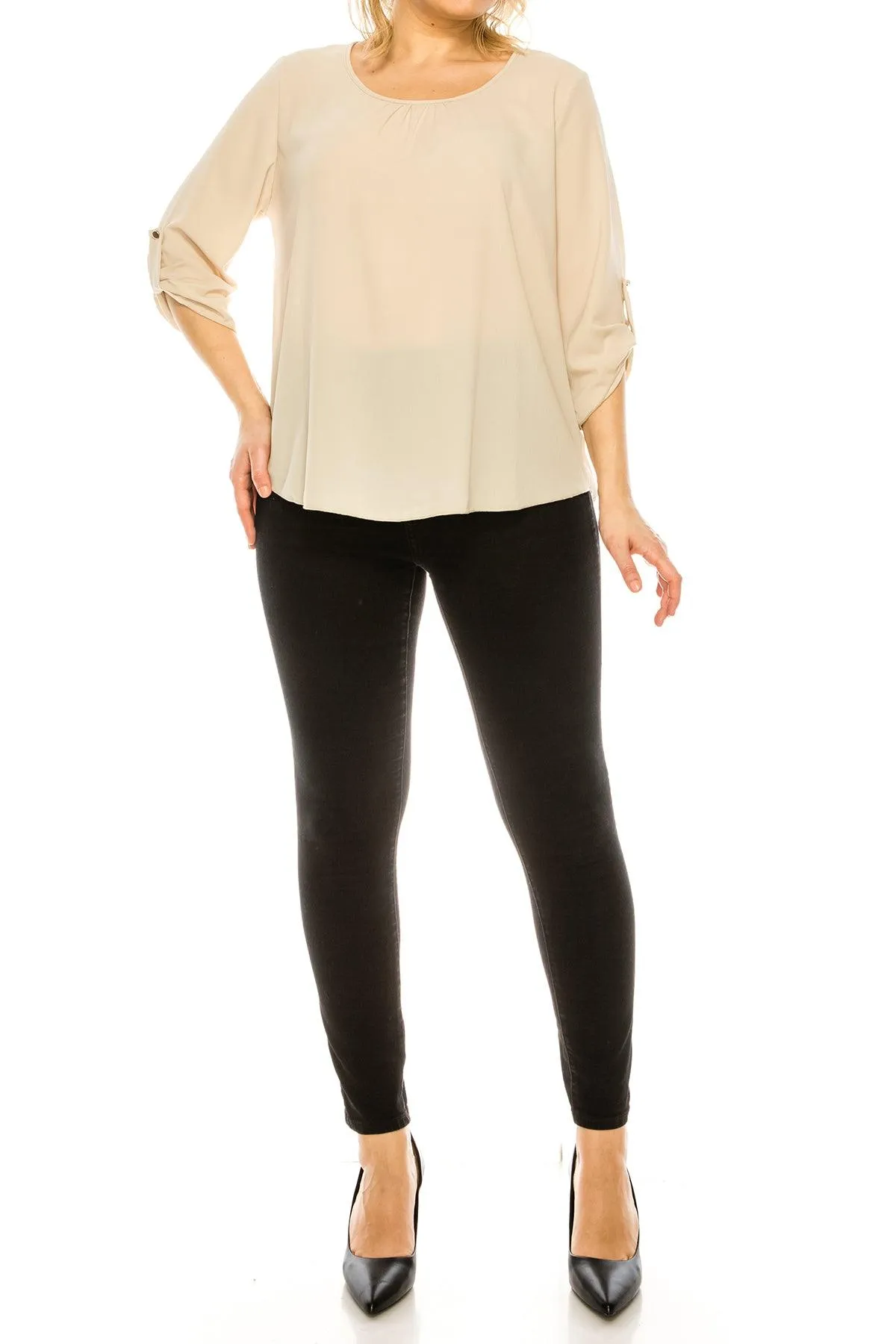 Women's Plus Size Casual Round Neck Loose Fit Roll Tab 3/4 Sleeve Blouse