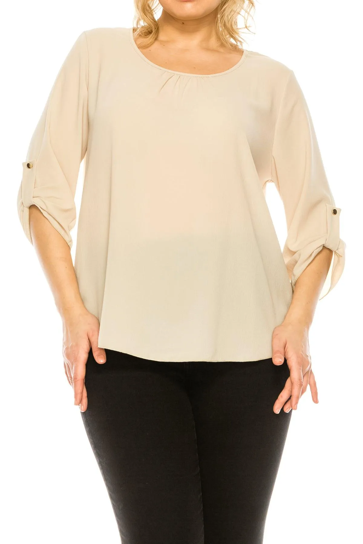 Women's Plus Size Casual Round Neck Loose Fit Roll Tab 3/4 Sleeve Blouse
