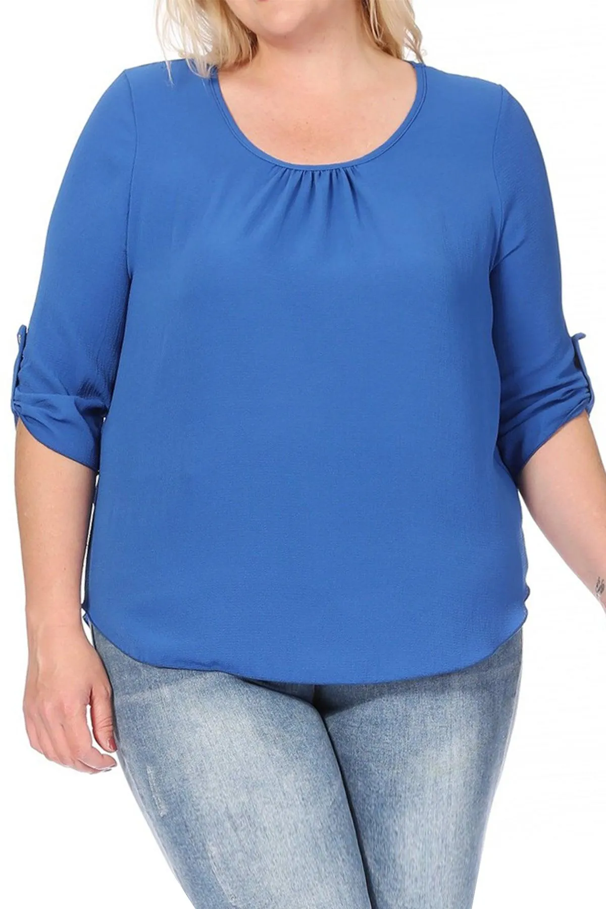 Women's Plus Size Casual Round Neck Loose Fit Roll Tab 3/4 Sleeve Blouse