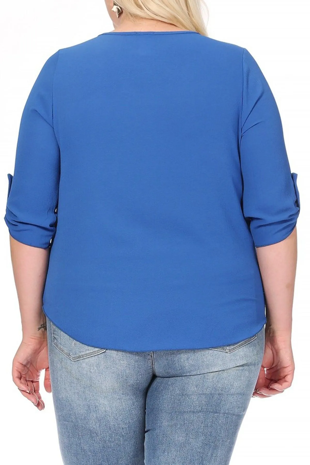 Women's Plus Size Casual Round Neck Loose Fit Roll Tab 3/4 Sleeve Blouse