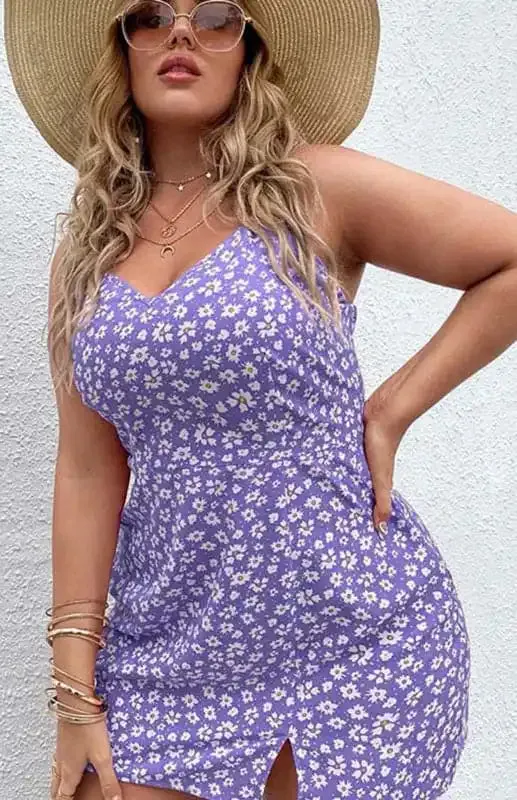 Women’s Plus Size Floral Slit Sling Short Dress