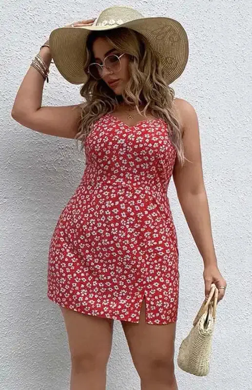 Women’s Plus Size Floral Slit Sling Short Dress
