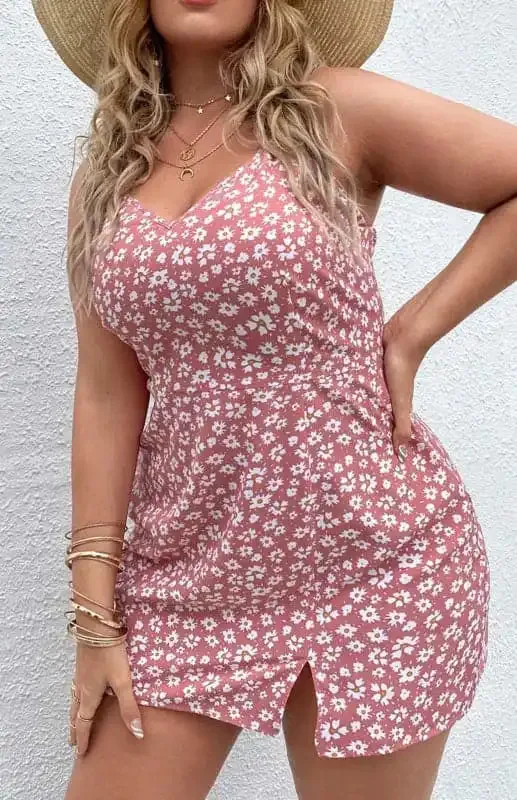 Women’s Plus Size Floral Slit Sling Short Dress
