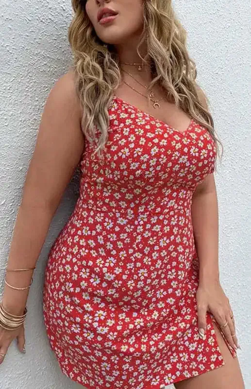 Women’s Plus Size Floral Slit Sling Short Dress