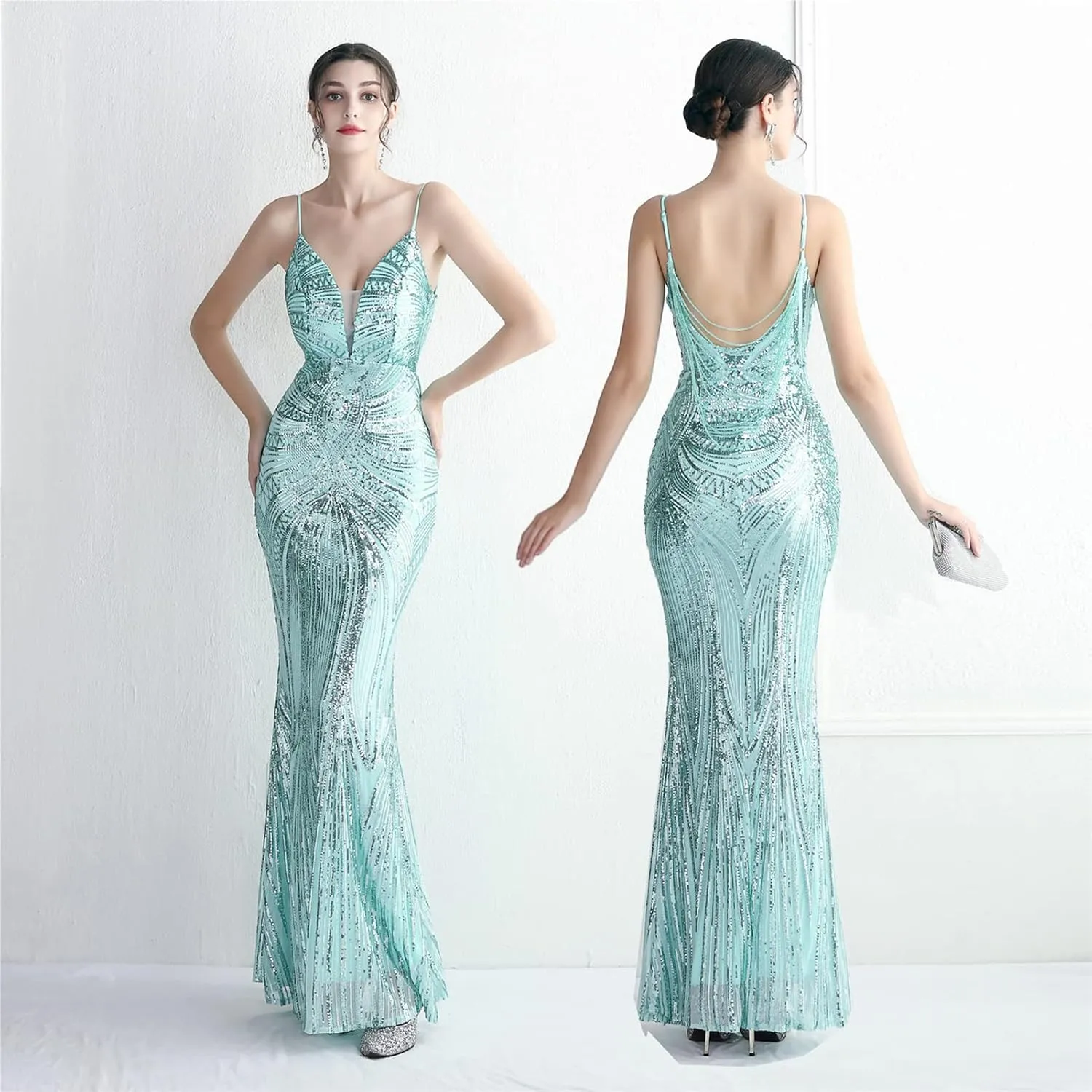 Women's Sequin Bridesmaid Dress Maxi Dress Evening Gown Sleeveless V Neck Mermaid Evening Cocktail Dress