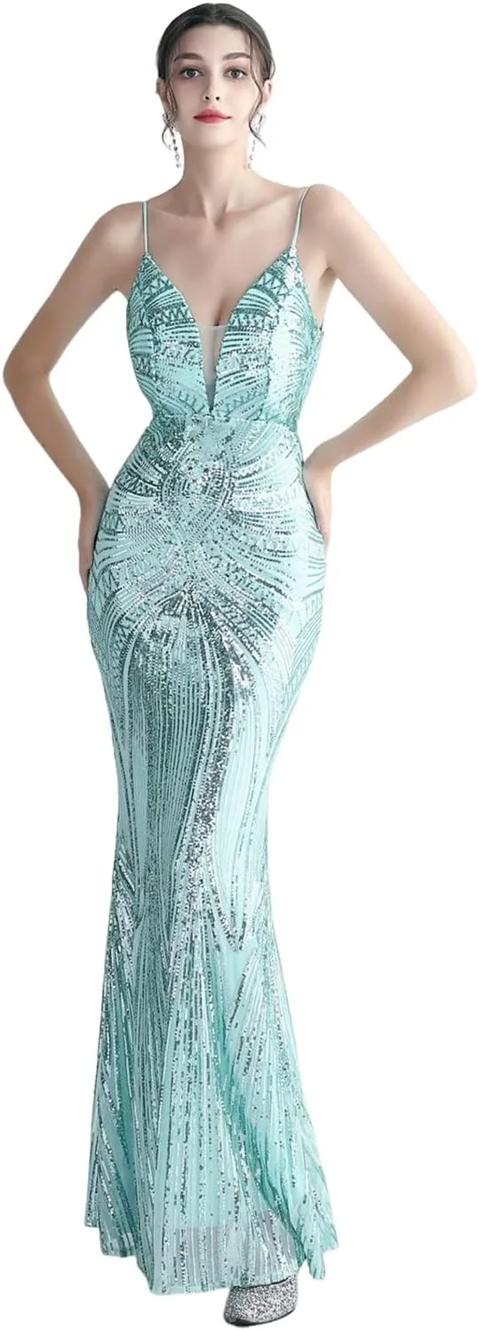Women's Sequin Bridesmaid Dress Maxi Dress Evening Gown Sleeveless V Neck Mermaid Evening Cocktail Dress