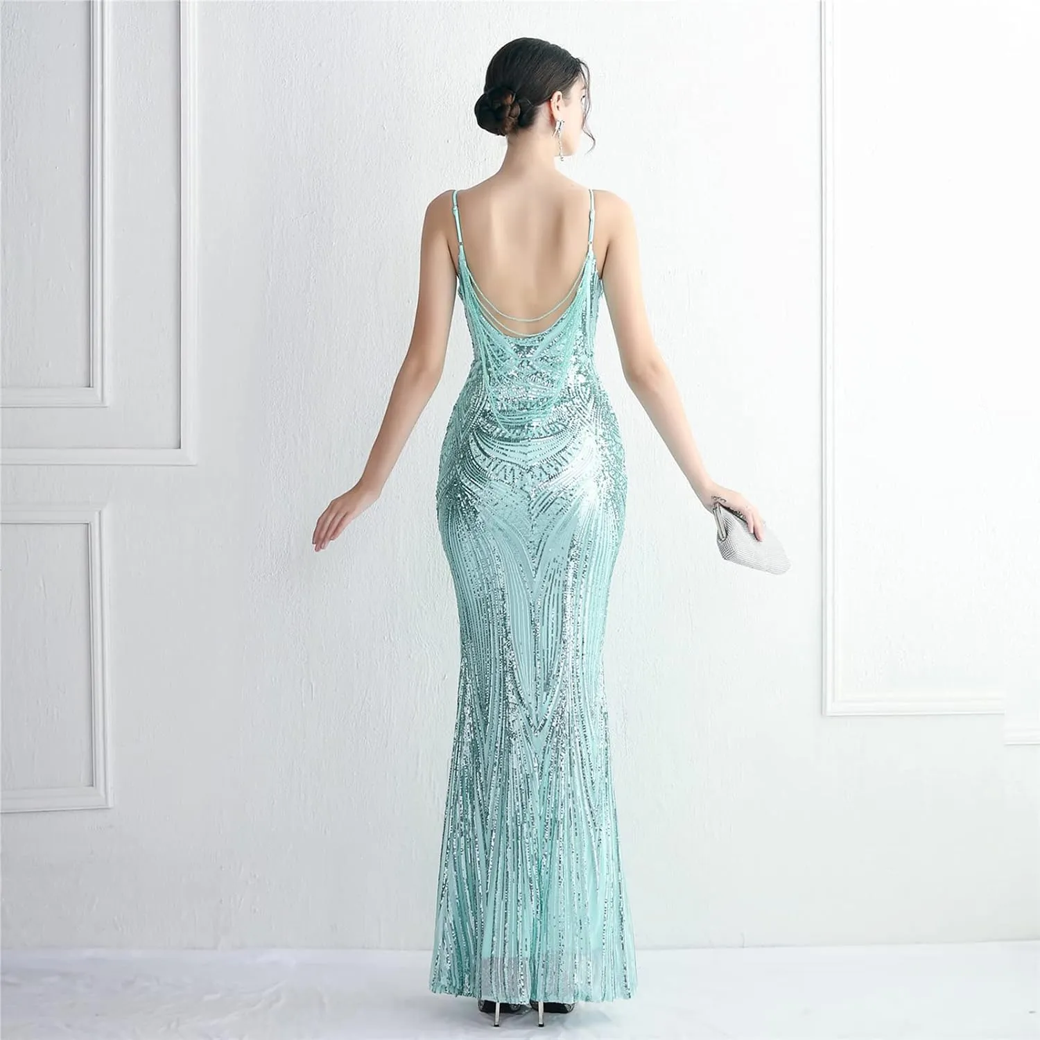 Women's Sequin Bridesmaid Dress Maxi Dress Evening Gown Sleeveless V Neck Mermaid Evening Cocktail Dress