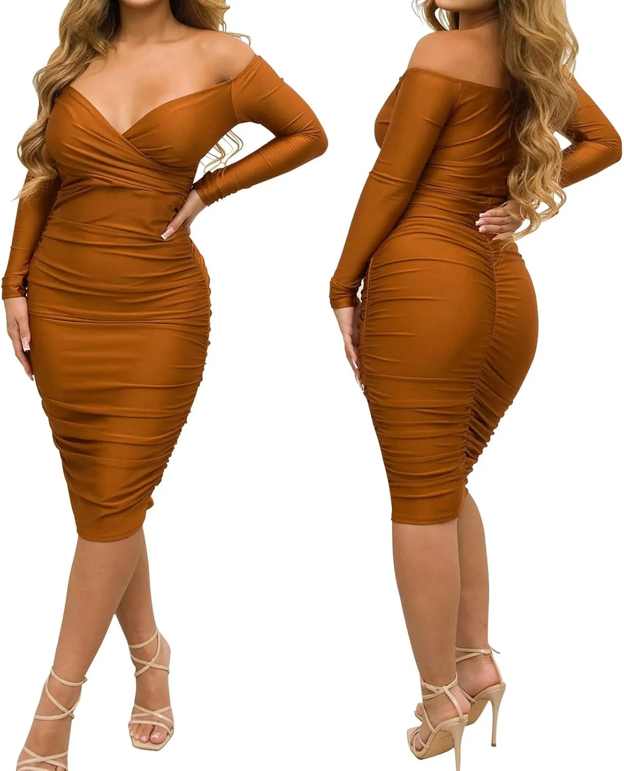 Women's Sexy Off Shoulder V Neck Ruched Bodycon Midi Dress Short Sleeve Slim Fit Midi Dress Night Club Party Pencil Dresses