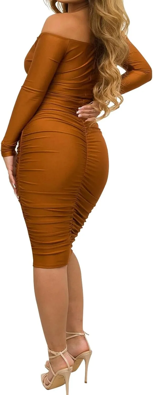 Women's Sexy Off Shoulder V Neck Ruched Bodycon Midi Dress Short Sleeve Slim Fit Midi Dress Night Club Party Pencil Dresses