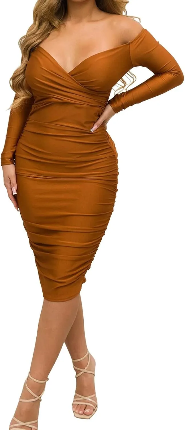 Women's Sexy Off Shoulder V Neck Ruched Bodycon Midi Dress Short Sleeve Slim Fit Midi Dress Night Club Party Pencil Dresses