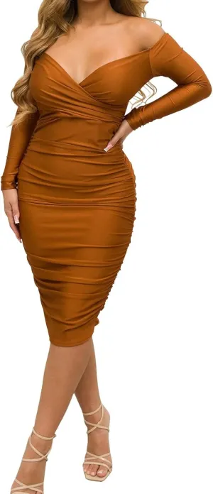 Women's Sexy Off Shoulder V Neck Ruched Bodycon Midi Dress Short Sleeve Slim Fit Midi Dress Night Club Party Pencil Dresses