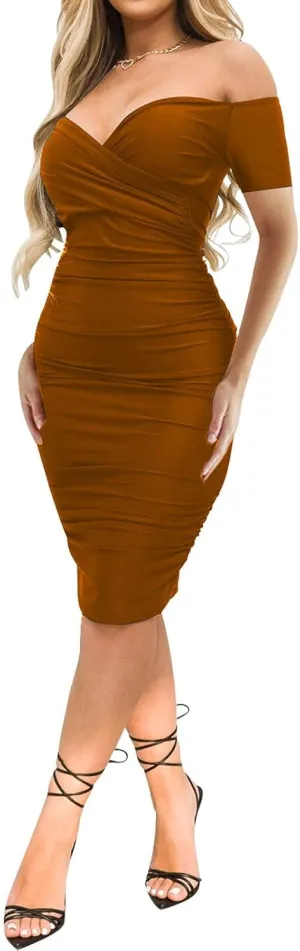 Women's Sexy Off Shoulder V Neck Ruched Bodycon Midi Dress Short Sleeve Slim Fit Midi Dress Night Club Party Pencil Dresses