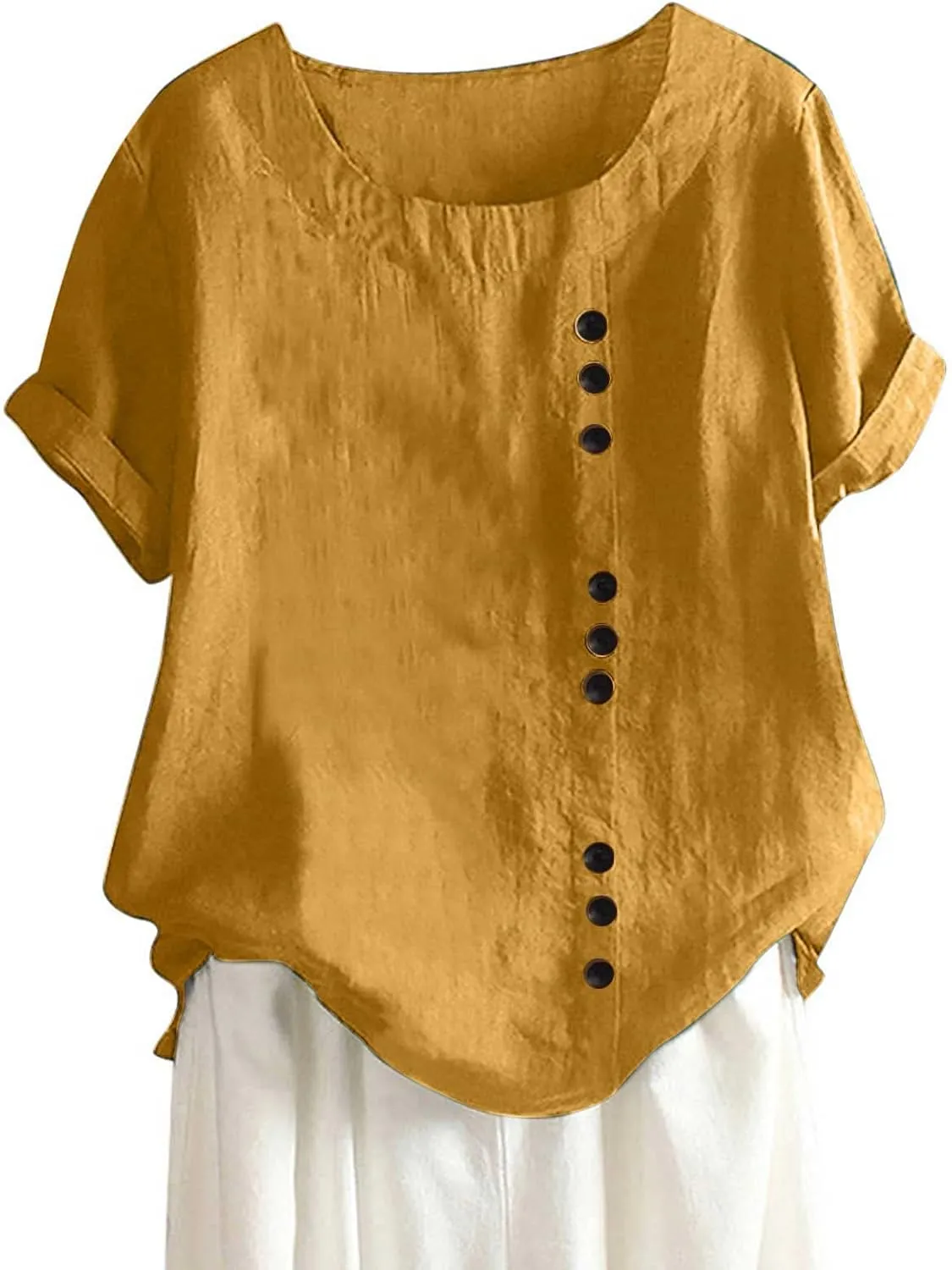 Womens Short Sleeve Button Down Tops Cotton Linen Shirts Blouse Loose Fit Casual Crew Neck Tops Summer 2023