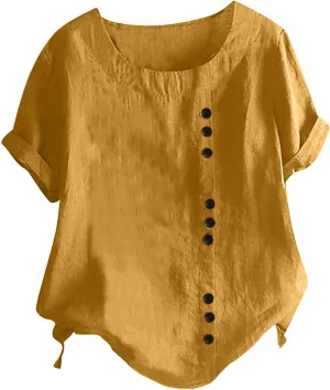 Womens Short Sleeve Button Down Tops Cotton Linen Shirts Blouse Loose Fit Casual Crew Neck Tops Summer 2023