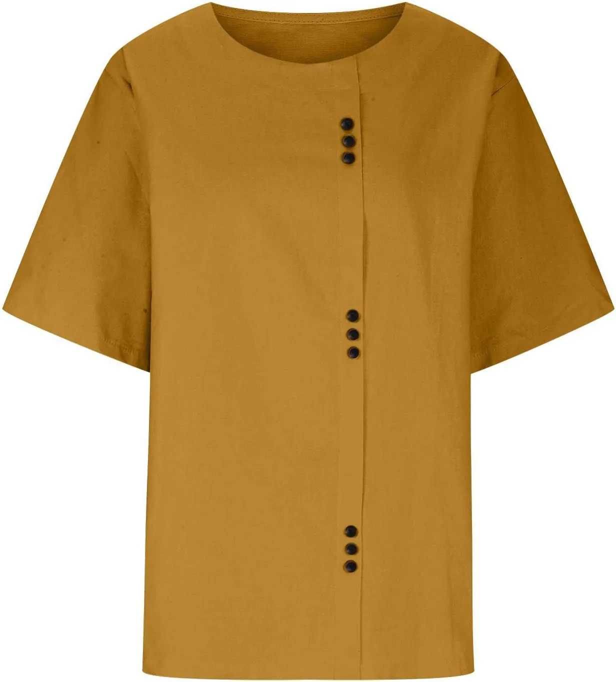 Womens Short Sleeve Button Down Tops Cotton Linen Shirts Blouse Loose Fit Casual Crew Neck Tops Summer 2023